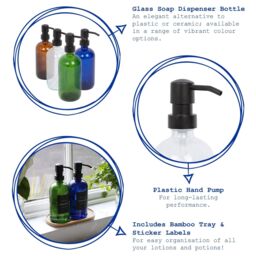 Harbour Housewares 2pc Glass Soap Dispenser Set with Bamboo Tray & Labels - 500ml - White in Green - thumbnail 2