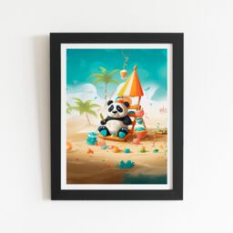 "Warren Reed - Designer Happy Panda On A Beach Holiday Framed Art Print in Black - Size: W12"" x H16""" - thumbnail 2