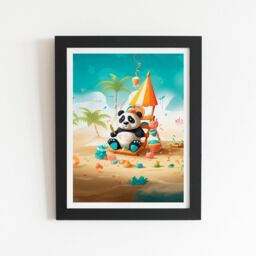 "Warren Reed - Designer Happy Panda On A Beach Holiday Framed Art Print in Black - Size: W12"" x H16""" - thumbnail 1