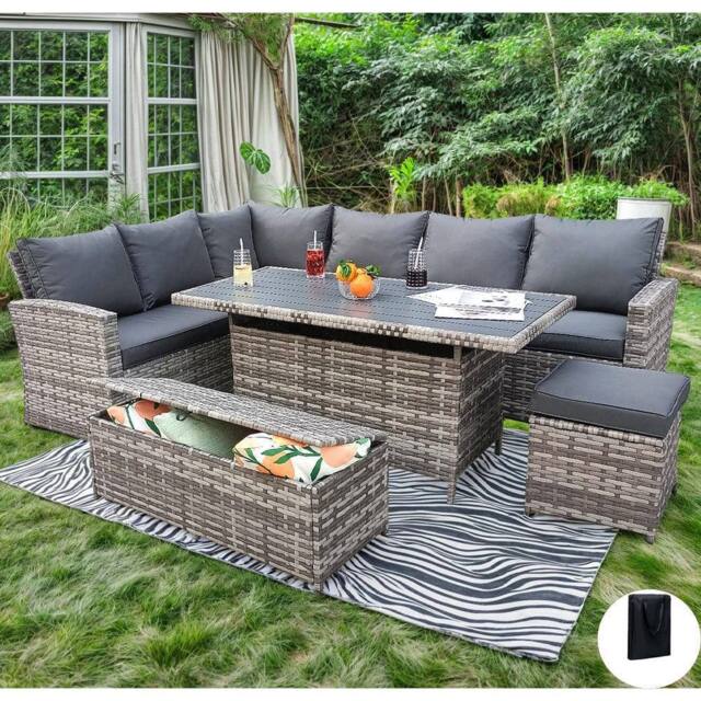 Furniture Maxi Rosen 9 Seater Rattan Garden Dining Set With Storage Bench & Stool in Grey - image 1