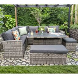 Furniture Maxi Rosen 9 Seater Rattan Garden Dining Set With Storage Bench & Stool in Grey - thumbnail 4