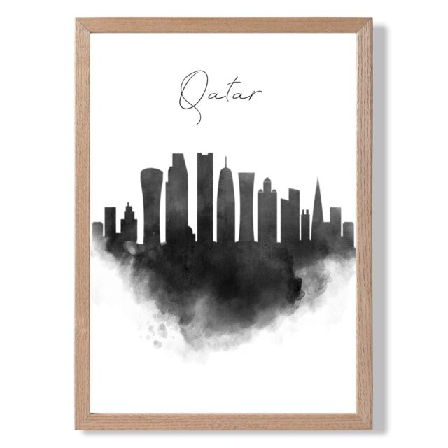 ARTZE Qatar Watercolour Skyline City Framed Print SIZE: A2 with Oak Frame in Black - Size: A4 - image 1