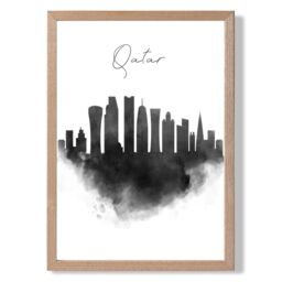 ARTZE Qatar Watercolour Skyline City Framed Print SIZE: A2 with Oak Frame in Black - Size: A4 - thumbnail 1
