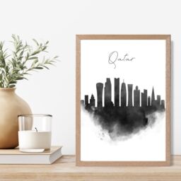 ARTZE Qatar Watercolour Skyline City Framed Print SIZE: A2 with Oak Frame in Black - Size: A4 - thumbnail 2