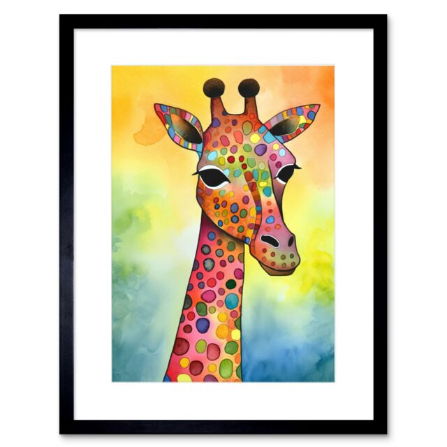 "Artery8 Wall Art Print Giraffe With Multicolour Pattern Folk Art Watercolour Painting Artwork Framed 9X7 Inch in Black - Size: W7"" x H9""" - image 1
