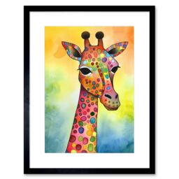 "Artery8 Wall Art Print Giraffe With Multicolour Pattern Folk Art Watercolour Painting Artwork Framed 9X7 Inch in Black - Size: W7"" x H9""" - thumbnail 1