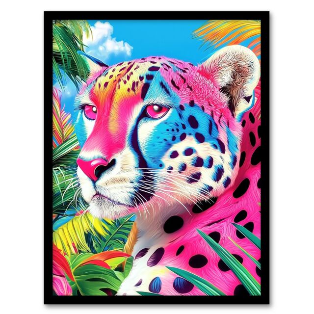 "Artery8 Cheetah Jungle Plants Colourful Animal Portrait Framed Art Print in Pink - Size: W12"" x H16""" - image 1