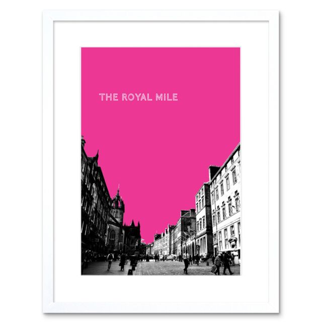 "Artery8 Wall Art Print Royal Mile Edinburgh Scotland Famous Street Pink Framed Art in White - Size: W7"" x H9""" - image 1