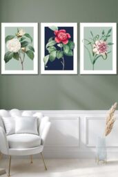 ARTZE Set of 3 White Framed Vintage Flowers Camellia Blue & Green Wall Art in Navy - Size: W33 cm x H45 cm x D20mm - thumbnail 1