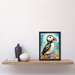 Artery8 Puffin Bird With Flowers Folk Art Artwork Framed Wall Art Print A4 in Black - thumbnail 2