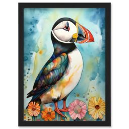 Artery8 Puffin Bird With Flowers Folk Art Artwork Framed Wall Art Print A4 in Black - thumbnail 1