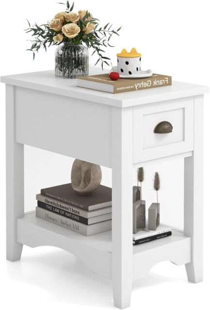 Gymax Retro Side Table Nightstand End Table With 1 Drawer & Solid Wood Legs in White - image 1