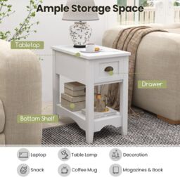 Gymax Retro Side Table Nightstand End Table With 1 Drawer & Solid Wood Legs in White - thumbnail 4