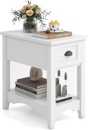 Gymax Retro Side Table Nightstand End Table With 1 Drawer & Solid Wood Legs in White