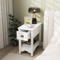 Gymax Retro Side Table Nightstand End Table With 1 Drawer & Solid Wood Legs in White - thumbnail 2