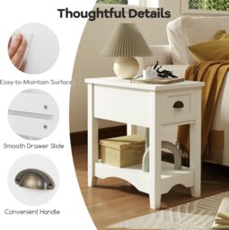 Gymax Retro Side Table Nightstand End Table With 1 Drawer & Solid Wood Legs in White - thumbnail 6