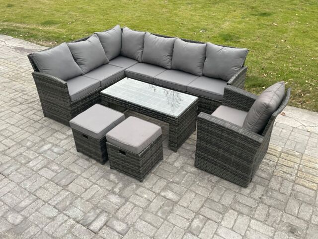 Fimous 9 Seater Outdoor Rattan Garden Furniture Set Corner Sofa Oblong Coffee Table Sets with Patio 2 Small Footstools Armchair Dark Grey Mixed - image 1
