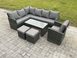 Fimous 9 Seater Outdoor Rattan Garden Furniture Set Corner Sofa Oblong Coffee Table Sets with Patio 2 Small Footstools Armchair Dark Grey Mixed - thumbnail 1