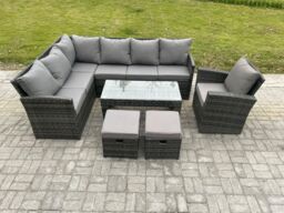 Fimous 9 Seater Outdoor Rattan Garden Furniture Set Corner Sofa Oblong Coffee Table Sets with Patio 2 Small Footstools Armchair Dark Grey Mixed - thumbnail 2