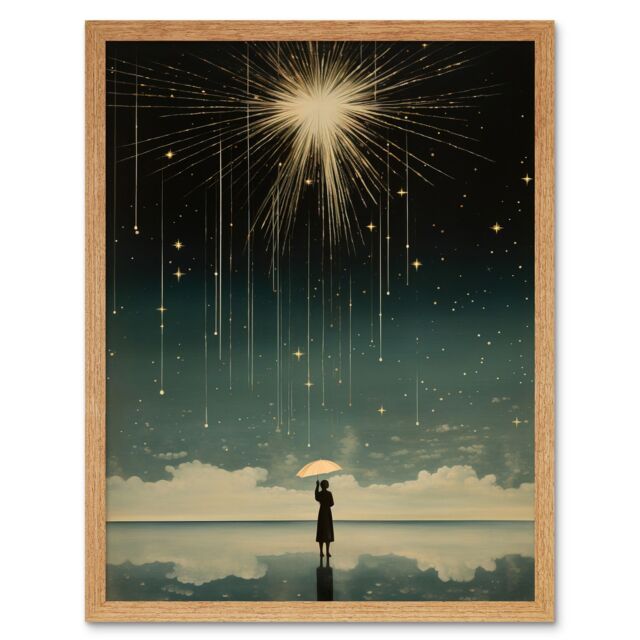 "Artery8 Wall Art Print Falling Star Rain Dreamy Artwork Bright Star Wish Woman with Umbrella Fairytale Dreamscape Art Framed - Size: W12"" x H16""" - image 1