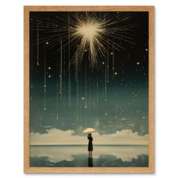 "Artery8 Wall Art Print Falling Star Rain Dreamy Artwork Bright Star Wish Woman with Umbrella Fairytale Dreamscape Art Framed - Size: W12"" x H16""" - thumbnail 1