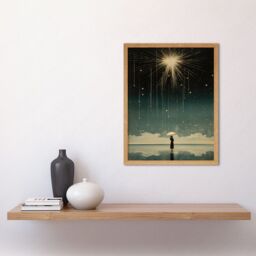 "Artery8 Wall Art Print Falling Star Rain Dreamy Artwork Bright Star Wish Woman with Umbrella Fairytale Dreamscape Art Framed - Size: W12"" x H16""" - thumbnail 2