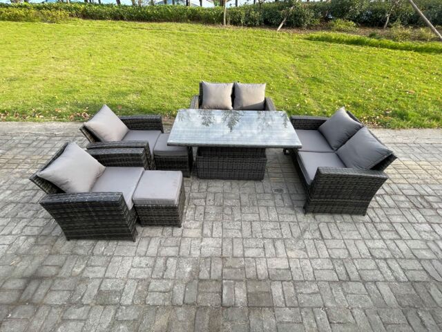 Fimous Rattan Garden Furniture Sets Patio Outdoor Rising Lifting Table Sofa Set with Double Seat Sofa 2 Small Footstools in Dark Grey