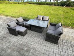 Fimous Rattan Garden Furniture Sets Patio Outdoor Rising Lifting Table Sofa Set with Double Seat Sofa 2 Small Footstools in Dark Grey - thumbnail 2
