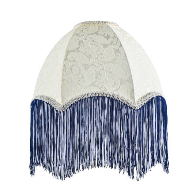 Happy Homewares Cream Floral Victorian Velvet Shade with Coloured & White Tassels in Blue - Size: 12 inches - image 1