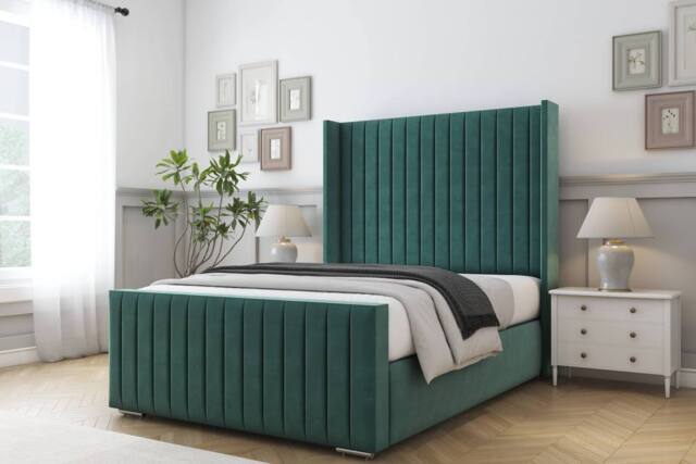"Comfort Beds Chester Plush Bed Frame - 50"" Upholstered Wingback Headboard in Emerald - Size: Single" - image 1