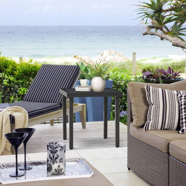 OUTSUNNY Garden Side Table Coffee Table with Umbrella Hole for Patio Balcony in Black - image 1