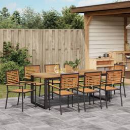 Berkfield Home 9 Piece Garden Dining Set Black Poly Rattan Acacia - thumbnail 4