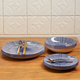 Orsina Unique 12 Piece Blue & White Dinner Set, Dolomite Dinnerware Plates & Bowls, Scratch-Resistant Crockery Set