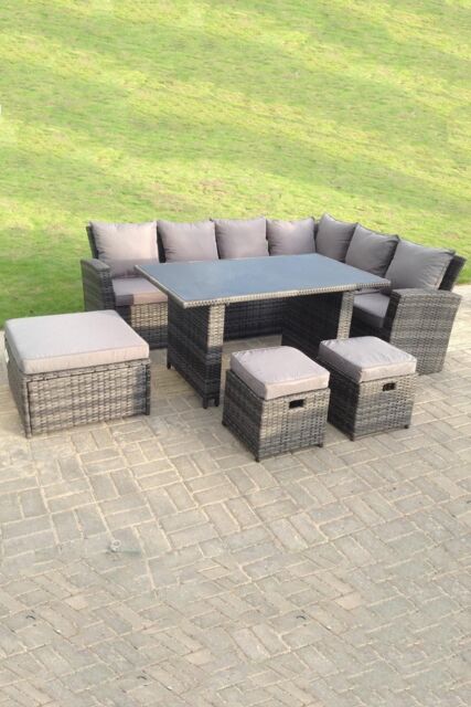 Fimous 9 Seater High Back Rattan Set Corner Sofa With Black Tempered Glass Dining Table 3 Stool in Dark Grey - image 1