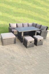 Fimous 9 Seater High Back Rattan Set Corner Sofa With Black Tempered Glass Dining Table 3 Stool in Dark Grey - thumbnail 1