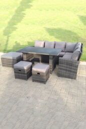 Fimous 9 Seater High Back Rattan Set Corner Sofa With Black Tempered Glass Dining Table 3 Stool in Dark Grey - thumbnail 2