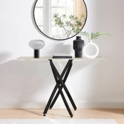 FurnitureboxUK Leonardo Rectangular Marble Effect Glass Top Console Table With Black Metal Starburst Legs in White