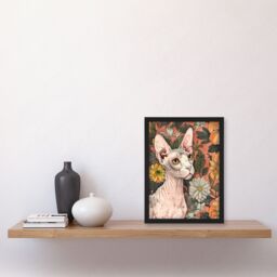 Artery8 Sphynx Cat Lover in Flower Garden Pet Portrait Framed Wall Art in Pink - Size: A4 - thumbnail 4