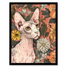 Artery8 Sphynx Cat Lover in Flower Garden Pet Portrait Framed Wall Art in Pink - Size: A4 - thumbnail 1