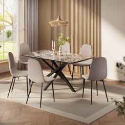 Marble Effect Ceramic with Cross Leg Base 6 Seater Dining Table - thumbnail 1