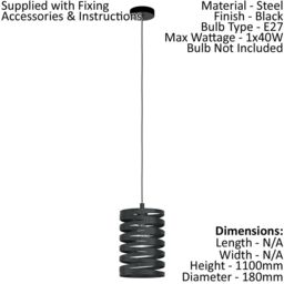 Loops Pendant Ceiling Light Colour Black Shade Slim Black Spirals Bulb E27 1x40W - thumbnail 2