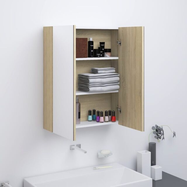 Berkfield Home Bathroom Mirror Cabinet 60x15x75 cm MDF White & Oak - Size: 60 x 15 x 75 cm - image 1