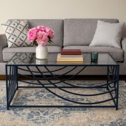 Orsina Mirrored Glass Top Coffee Table, Black Iron Frame with Curved Side Detailing, Open‑Frame Centrepiece in Clear