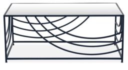 Orsina Mirrored Glass Top Coffee Table, Black Iron Frame with Curved Side Detailing, Open‑Frame Centrepiece in Clear - thumbnail 7