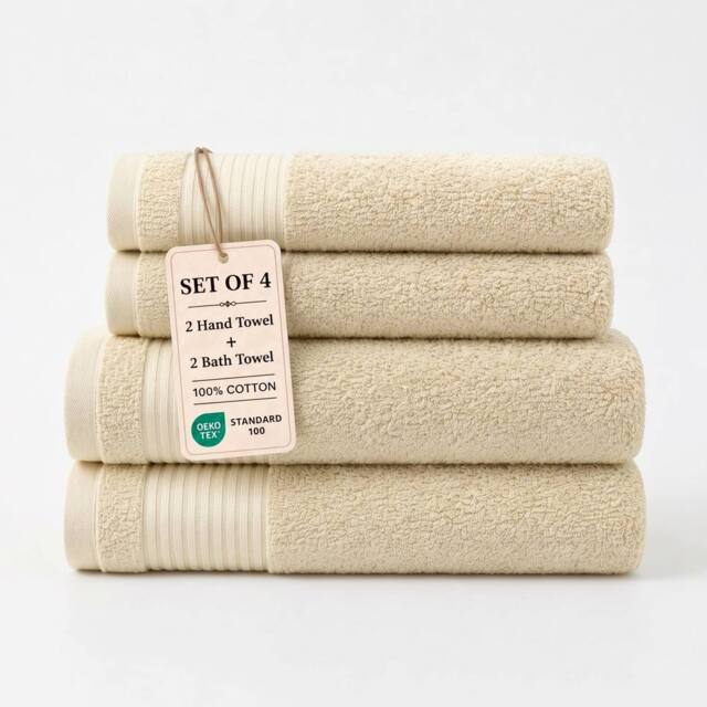 Grace Bedding Premium 500 GSM Cotton Bath & Hand Towels Set of 4 in Cream - image 1