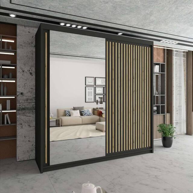 Sliding Wardrobes 4U Sleek Sliding Mirror Wardrobe with LED Various Sizes W203cm x H217cm in Black - image 1