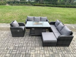 Fimous Rattan Outdoor Furniture Gas Fire Pit Dining Table Gas Heater Reclining Chair 3 Seater Sofa Sets with Big Footstool 8 Seater in Dark Grey - thumbnail 3