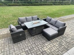 Fimous Rattan Outdoor Furniture Gas Fire Pit Dining Table Gas Heater Reclining Chair 3 Seater Sofa Sets with Big Footstool 8 Seater in Dark Grey - thumbnail 1