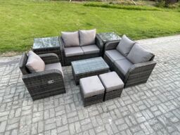 Fimous 7 Seater High Back Rattan Garden Furniture Set with Loveseat Sofa Coffee Table 2 Small Footstools 2 Side Tables Indoor Outdoor Lounge Sofa Set - thumbnail 2
