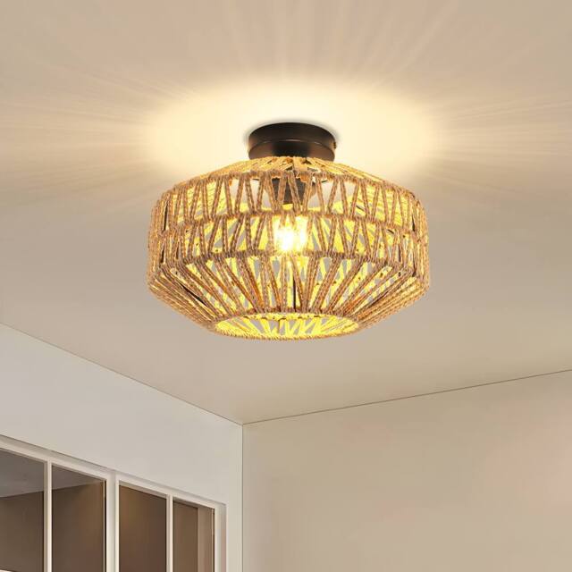 COMELY Bamboo Woven Ceiling Light, Boho Lamp with Natural Rattan Lampshade - image 1
